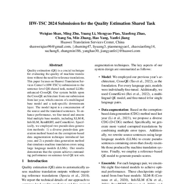 HW-TSC 2024 Submission for the Quality Estimation Shared Task - ACL ...