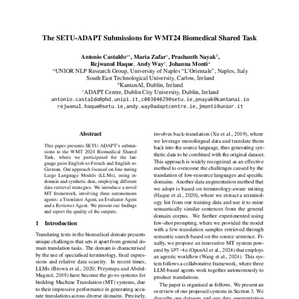 The SETU-ADAPT Submission for WMT 24 Biomedical Shared Task - ACL Anthology