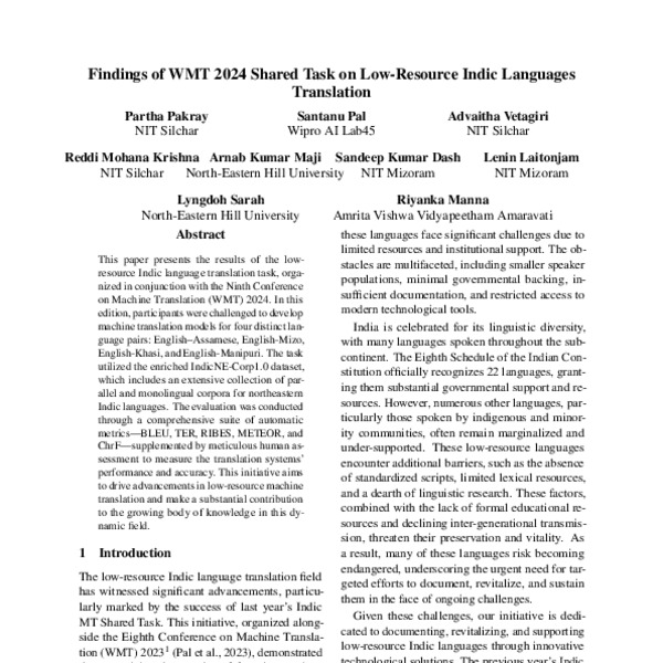 Findings of WMT 2024 Shared Task on Low-Resource Indic Languages ...