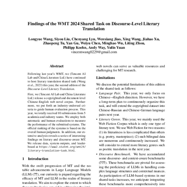 Findings of the WMT 2024 Shared Task on Discourse-Level Literary ...