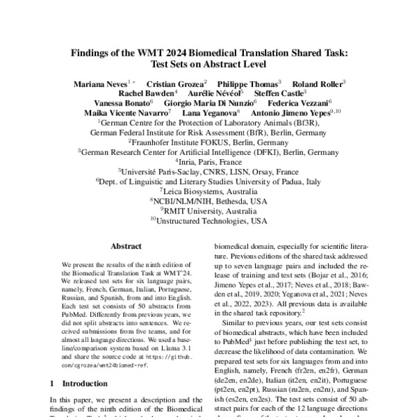 Findings of the WMT 2024 Biomedical Translation Shared Task: Test Sets ...