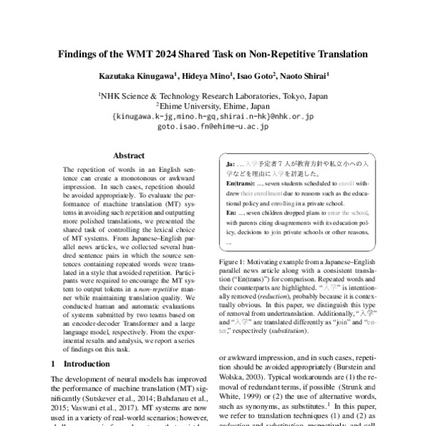 Findings of the WMT 2024 Shared Task on Non-Repetitive Translation ...
