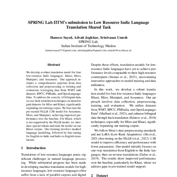 SPRING Lab IITM’s Submission to Low Resource Indic Language Translation ...