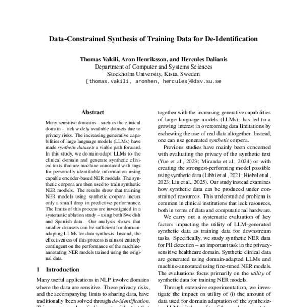 Data-Constrained Synthesis of Training Data for De-Identification - ACL ...