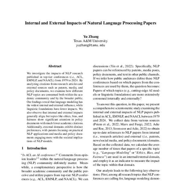 Internal and External Impacts of Natural Language Processing Papers ...
