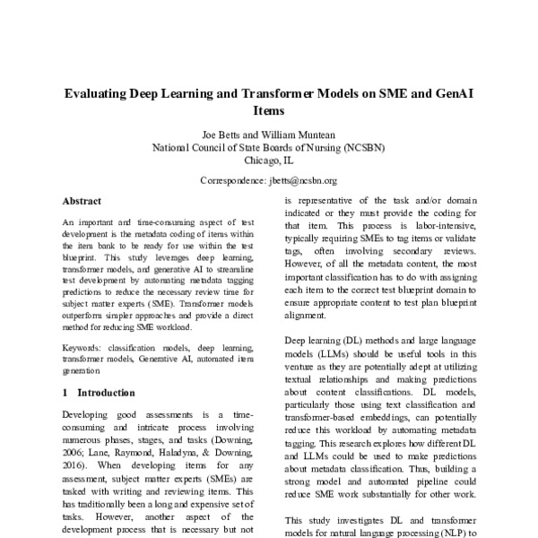 Evaluating Deep Learning and Transformer Models on SME and GenAI Items ...
