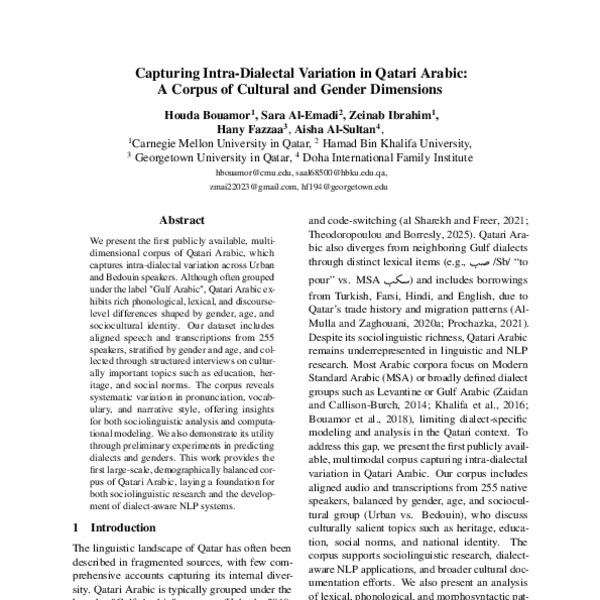 Capturing Intra-Dialectal Variation in Qatari Arabic: A Corpus of ...