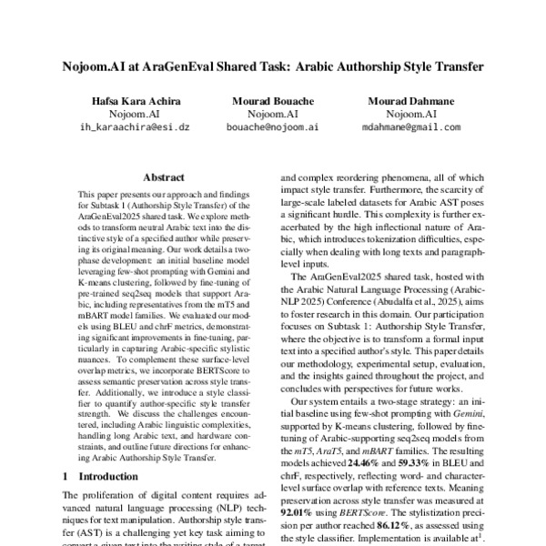 Nojoom.AI at AraGenEval Shared Task: Arabic Authorship Style Transfer ...