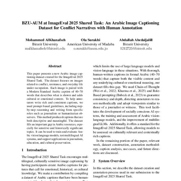 BZU-AUM@ImageEval2025: An Arabic Image Captioning Dataset for Conflict ...