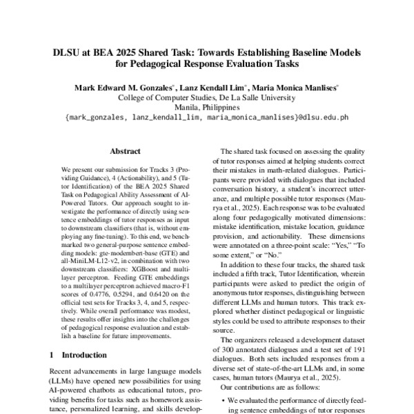 DLSU at BEA 2025 Shared Task: Towards Establishing Baseline Models for ...