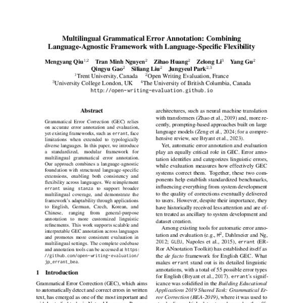 Multilingual Grammatical Error Annotation: Combining Language-Agnostic ...