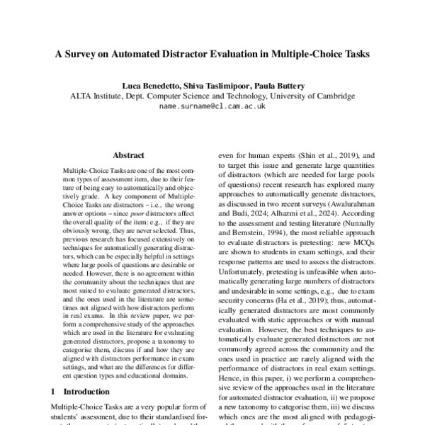 A Survey on Automated Distractor Evaluation in Multiple-Choice Tasks ...