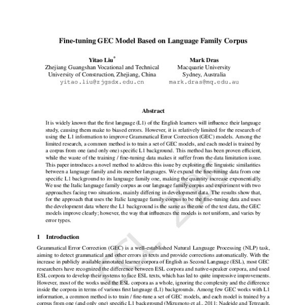 Fine-tuning GEC Model Based on Language Family Corpus - ACL Anthology