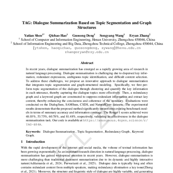 TAG: Dialogue Summarization Based on Topic Segmentation and Graph ...