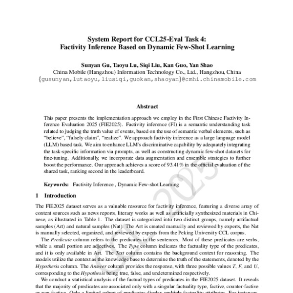 System Report for CCL25-Eval Task 4: Factivity Inference Based on ...