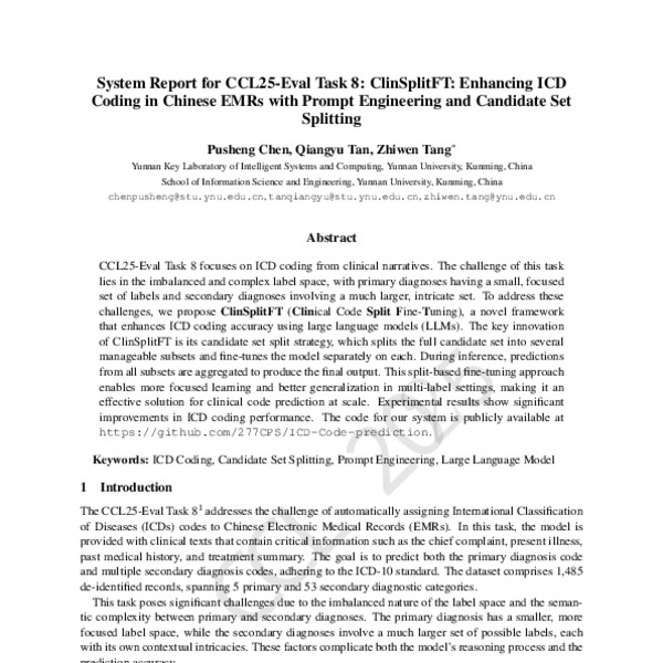 System Report for CCL25-Eval Task 8: ClinSplitFT: Enhancing ICD Coding ...
