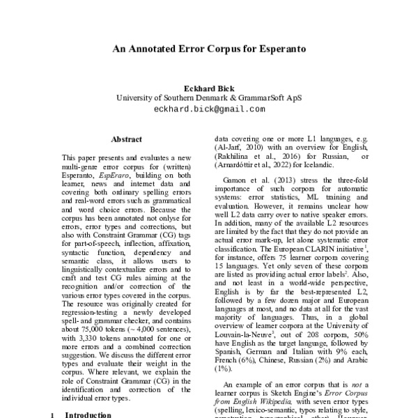 An Annotated Error Corpus for Esperanto - ACL Anthology
