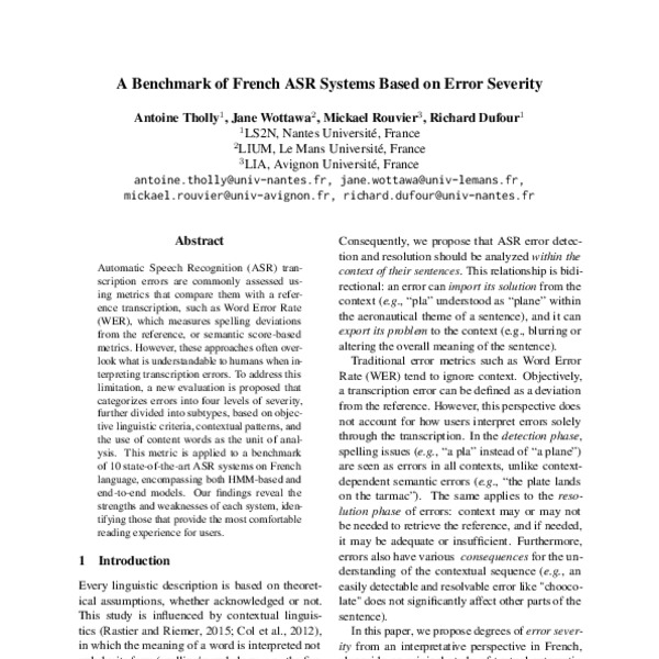 A Benchmark of French ASR Systems Based on Error Severity - ACL Anthology