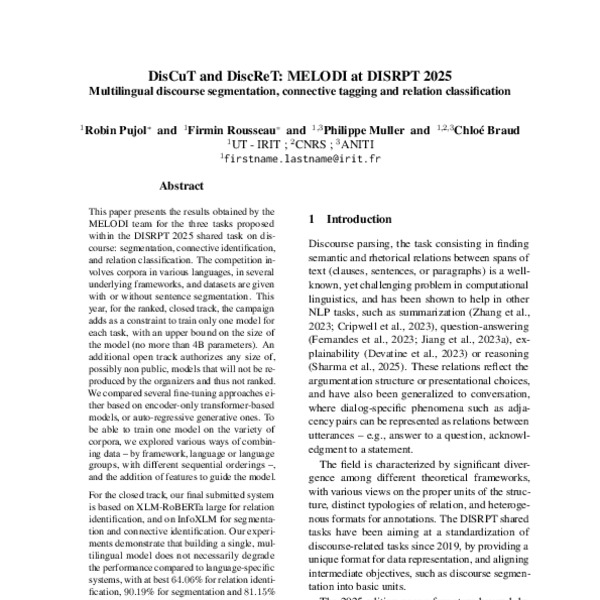DisCuT and DiscReT: MELODI at DISRPT 2025 Multilingual discourse ...