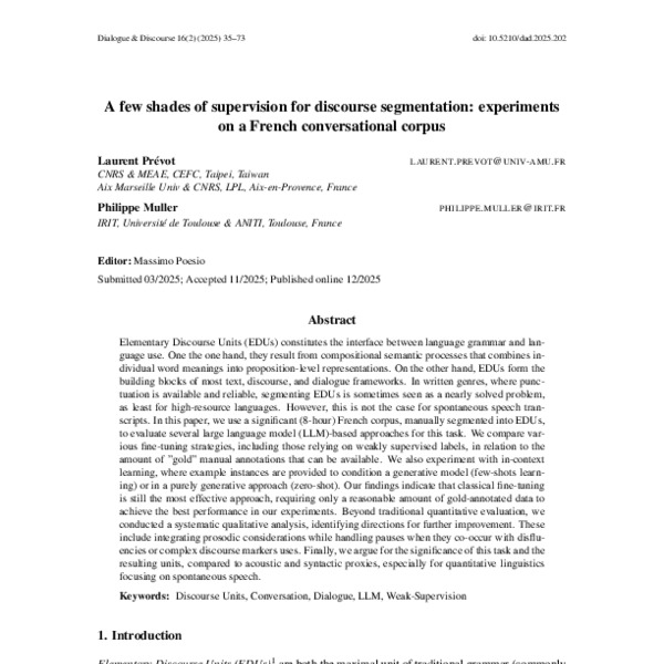 A few shades of supervision for discourse segmentation: experiments on a French conversational corpus