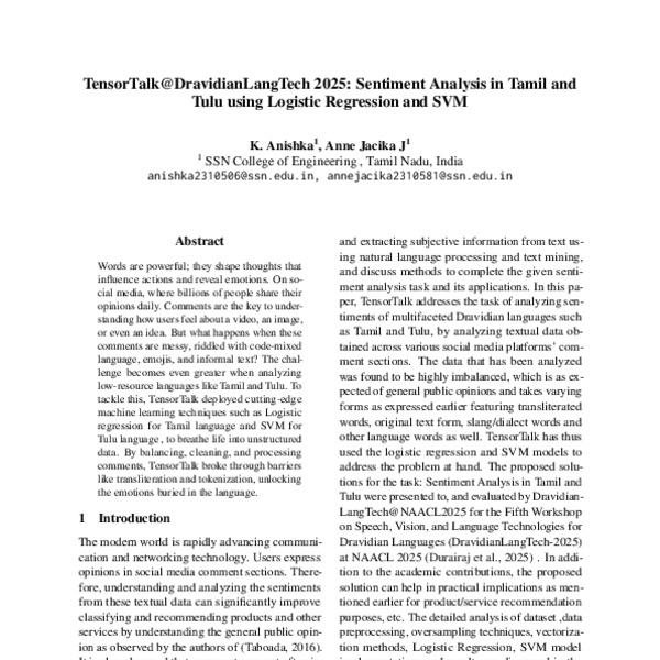 TensorTalk@DravidianLangTech 2025: Sentiment Analysis in Tamil and Tulu ...