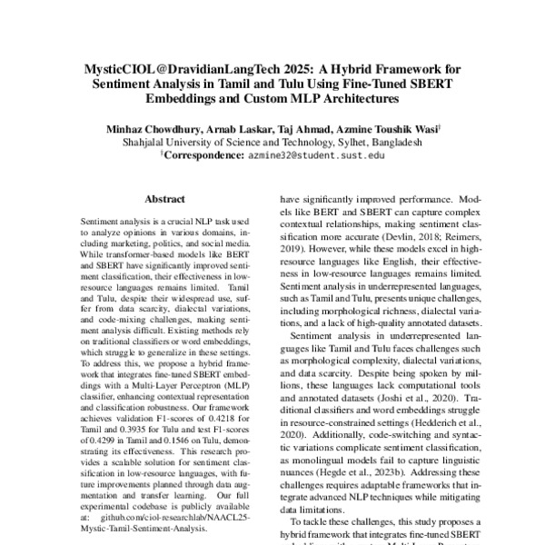 MysticCIOL@DravidianLangTech 2025: A Hybrid Framework for Sentiment ...