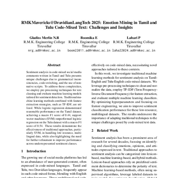 RMKMavericks@DravidianLangTech 2025: Emotion Mining in Tamil and Tulu ...