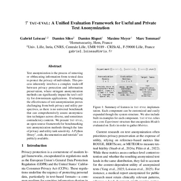 Tau-Eval: A Unified Evaluation Framework for Useful and Private Text ...