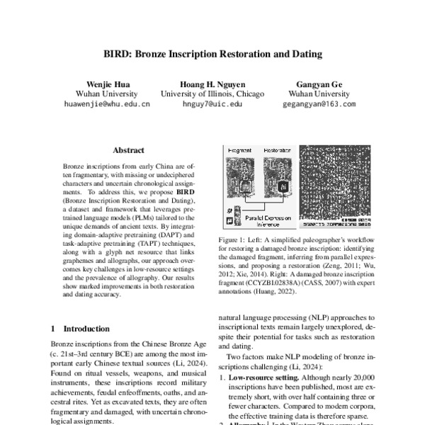 BIRD: Bronze Inscription Restoration and Dating - ACL Anthology