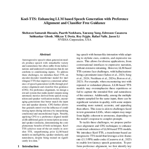 Koel-TTS: Enhancing LLM based Speech Generation with Preference ...