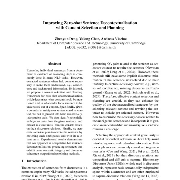 Improving Zero-shot Sentence Decontextualisation with Content Selection ...