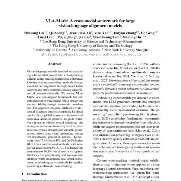 VLA-Mark: A cross modal watermark for large vision-language alignment ...