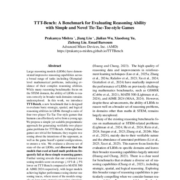 TTT-Bench: A Benchmark for Evaluating Reasoning Ability with Simple and ...