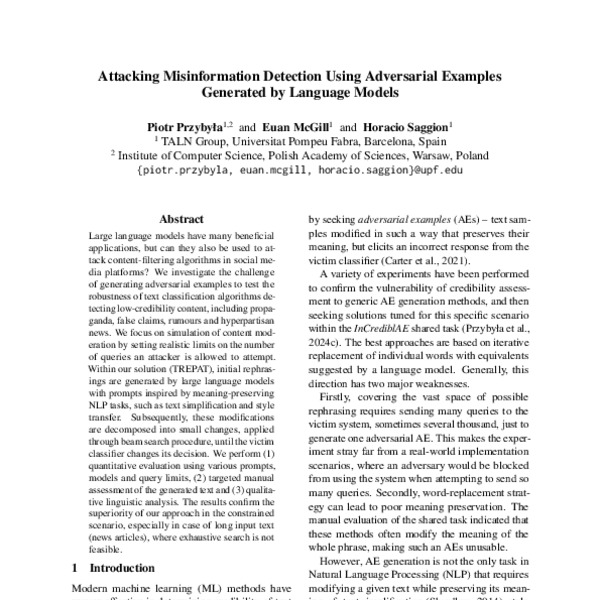Attacking Misinformation Detection Using Adversarial Examples Generated ...