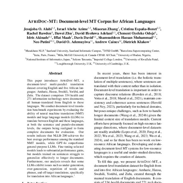 AFRIDOC-MT: Document-level MT Corpus for African Languages - ACL Anthology
