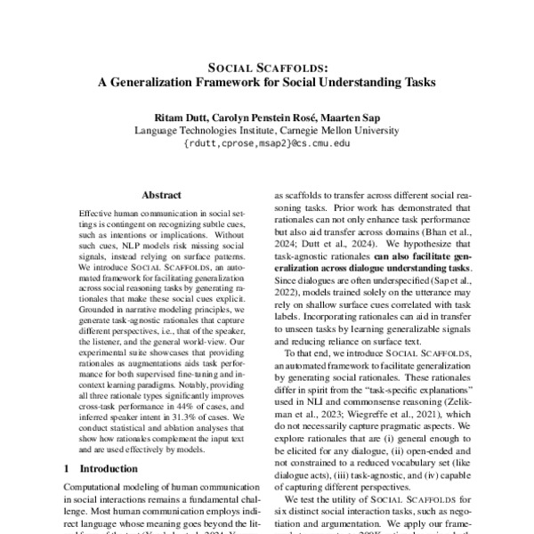 SOCIAL SCAFFOLDS: A Generalization Framework for Social Understanding ...