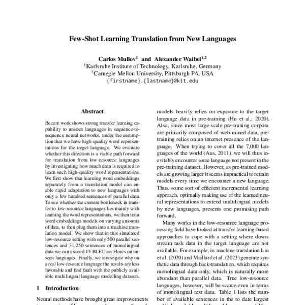 Few-Shot Learning Translation from New Languages - ACL Anthology