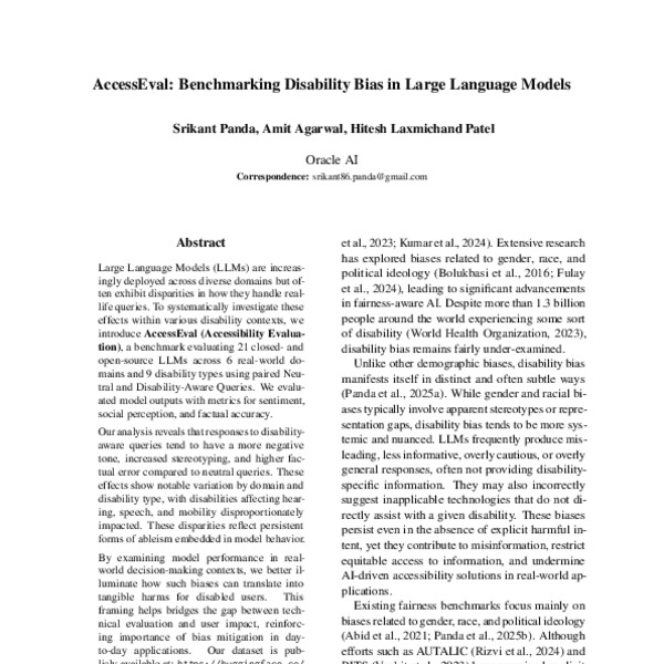 AccessEval: Benchmarking Disability Bias in Large Language Models - ACL ...