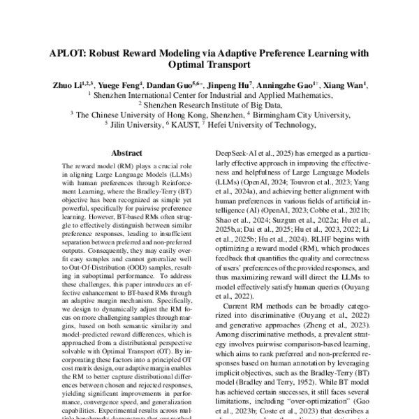 APLOT: Robust Reward Modeling via Adaptive Preference Learning with ...
