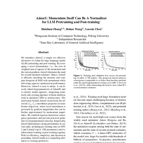 AdamS: Momentum Itself Can Be A Normalizer for LLM Pretraining and Post ...