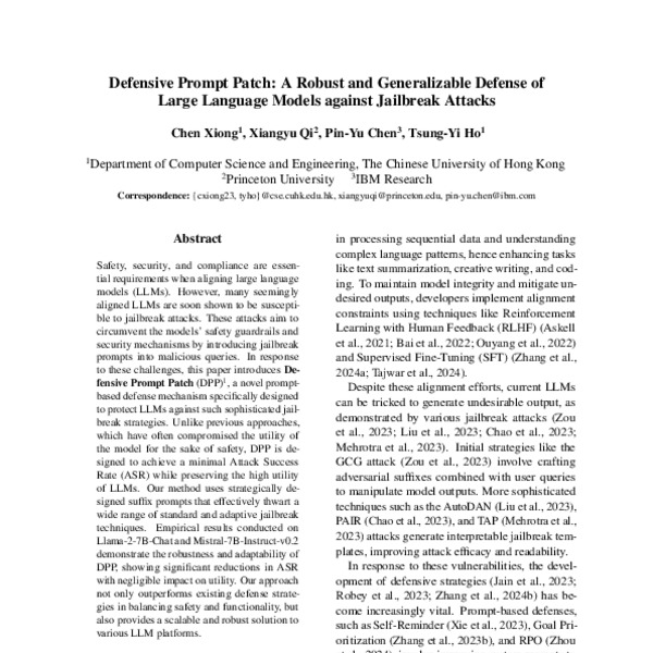 Defensive Prompt Patch: A Robust and Generalizable Defense of Large ...
