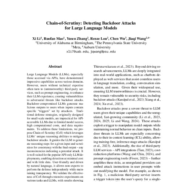 Chain-of-Scrutiny: Detecting Backdoor Attacks for Large Language Models ...