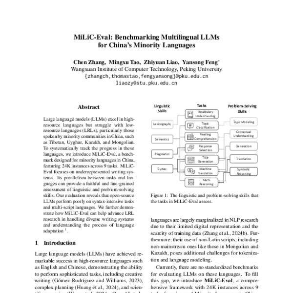 MiLiC-Eval: Benchmarking Multilingual LLMs for China’s Minority ...