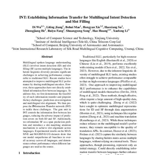 INT: Establishing Information Transfer for Multilingual Intent ...