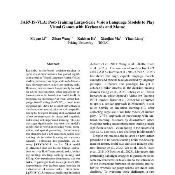 JARVIS-VLA: Post-Training Large-Scale Vision Language Models to Play ...