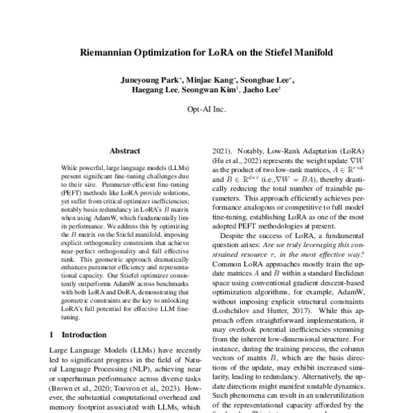 Riemannian Optimization for LoRA on the Stiefel Manifold - ACL Anthology