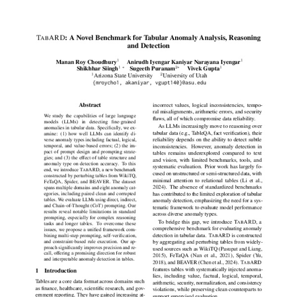 TABARD: A Novel Benchmark for Tabular Anomaly Analysis, Reasoning and ...