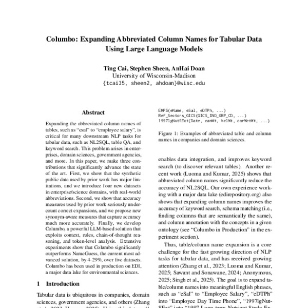 Columbo: Expanding Abbreviated Column Names for Tabular Data Using ...