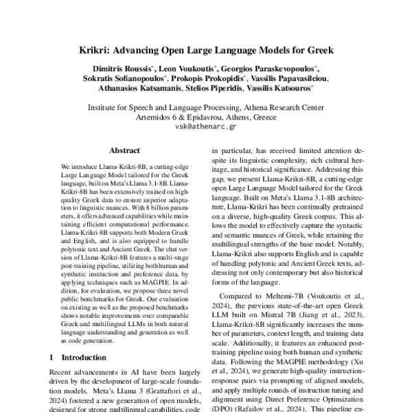 Krikri: Advancing Open Large Language Models for Greek - ACL Anthology