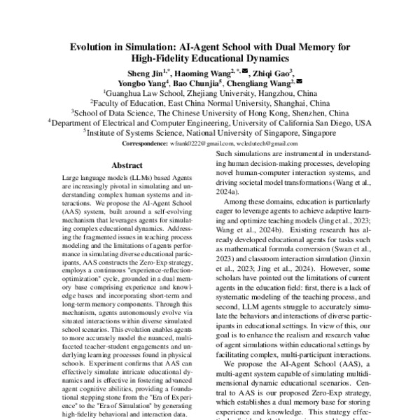 Evolution in Simulation: AI-Agent School with Dual Memory for High ...